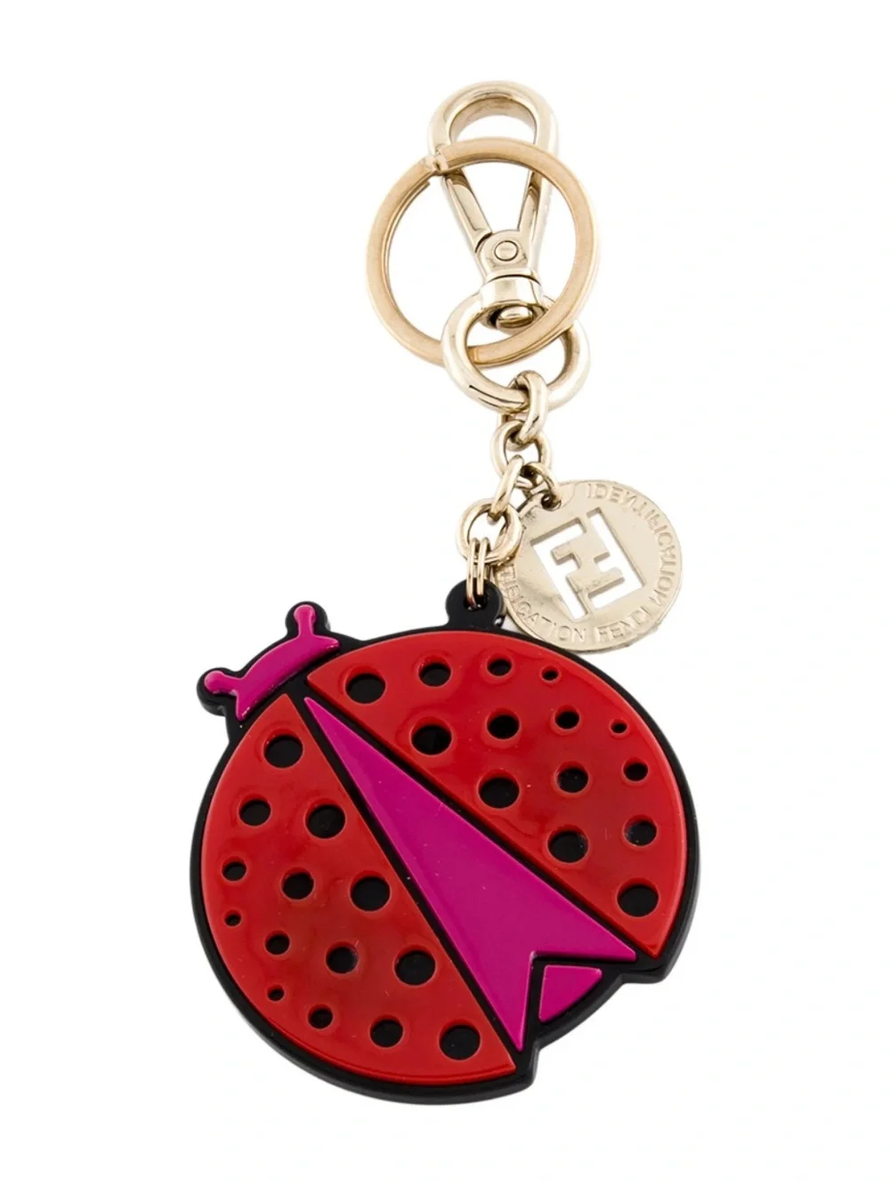 Fendi Ladybug Bug Keychain Bag Charm Red Pink Gold Tone Logo Charm
